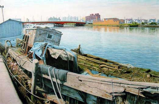 釧路港を描いた油絵です。 木島 務 『釧路港』 油彩画 - 北海道画廊